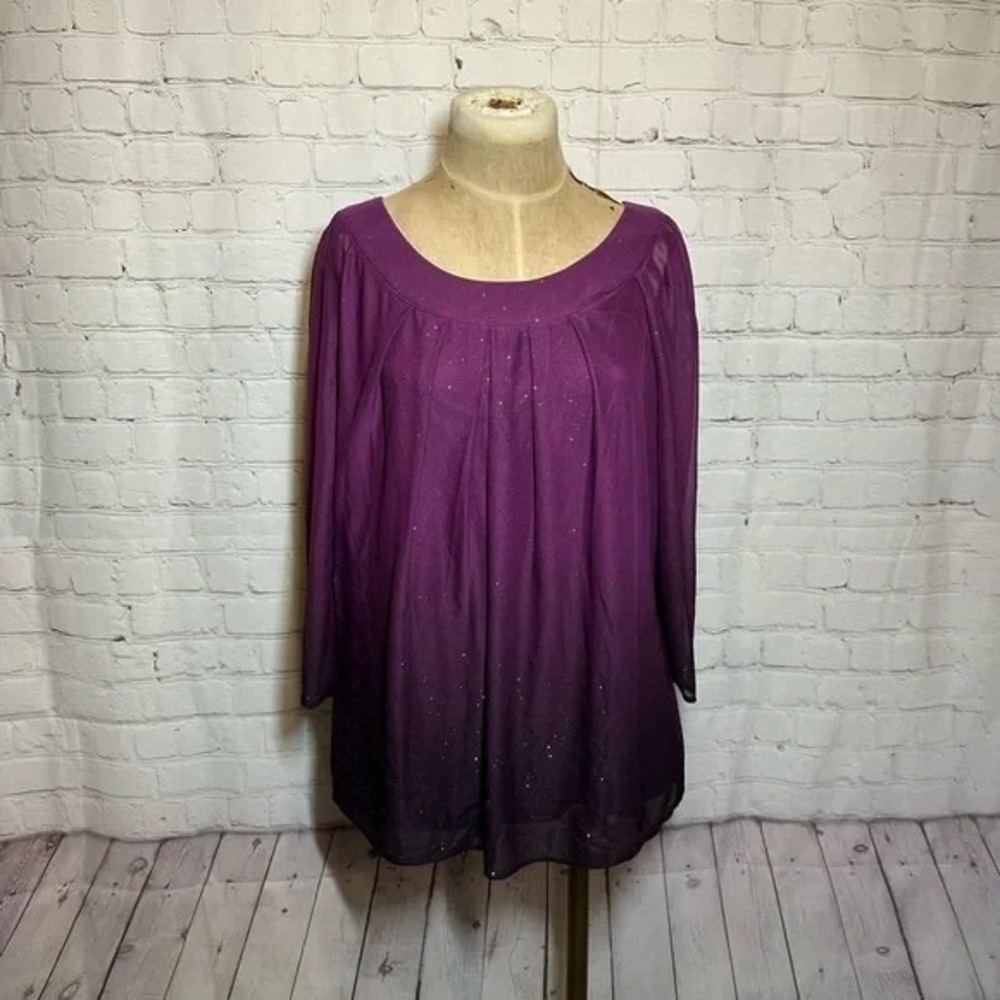 Sara Michelle Womens 1X Purple Ombre Glitter Blouse Sheer Pleated Keyhole Tunic